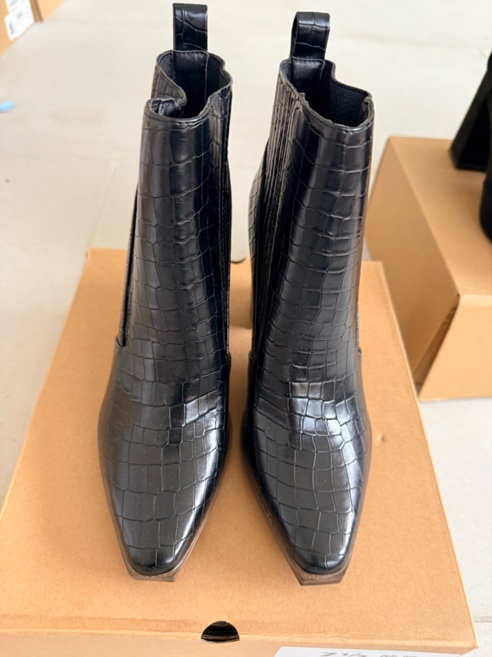 Black Croc-Embossed Pointed Toe Ankle Boots - Women